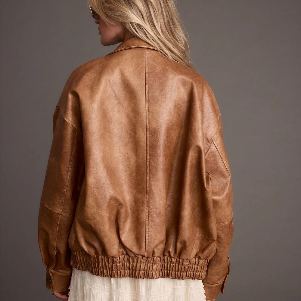 London Calling Cognac Oversized Faux Leather Jacket - Picture 2 of 6